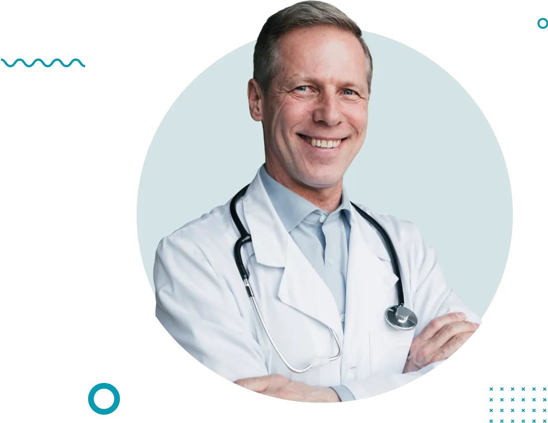 دکتری با موهای خاکستری، عینک زده و کت سفید آزمایشگاهی به همراه کراوات بسته است، دستهایش را روی هم گذاشته و حالتی حرفهای و اعتماد به نفس را منتشر میکند. | A doctor with gray hair, wearing glasses and a white lab coat with a tie, has his hands folded and exudes a professional and confident demeanor.